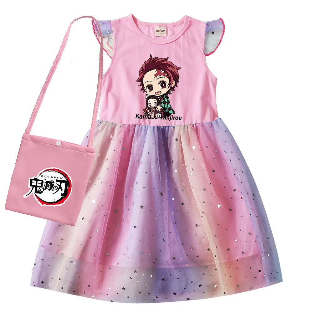 

Детский мультяшный костюм для косплея для девочек, летнее платье принцессы с коротким рукавом, рассекающим демонов, детская одежда для дня ...