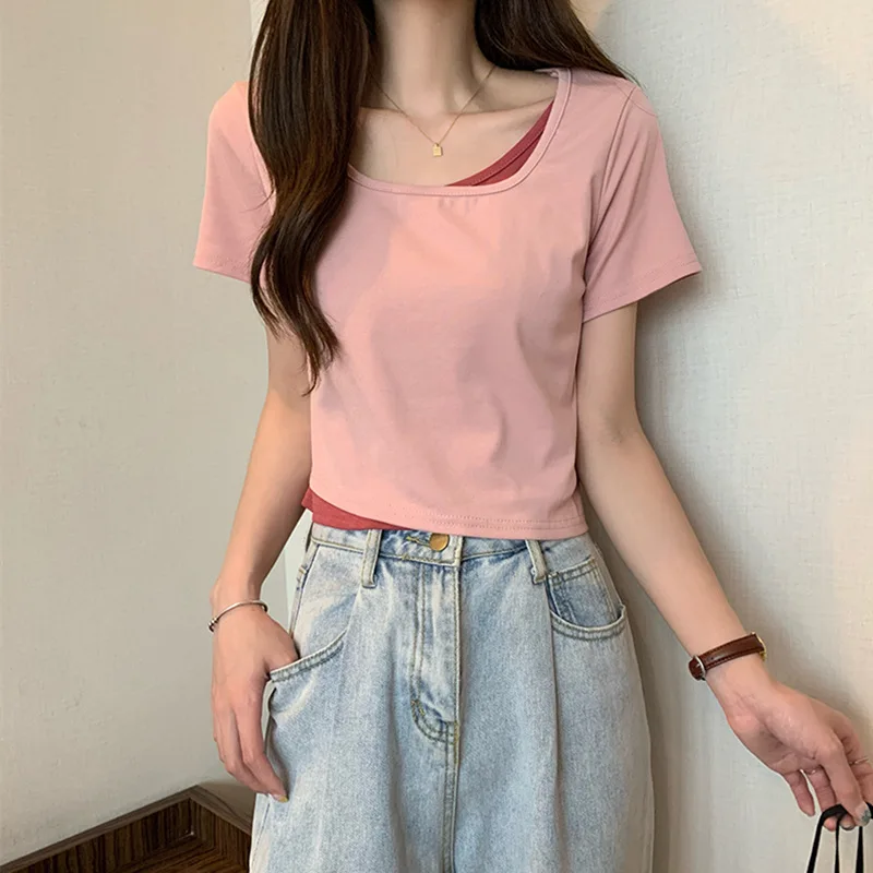 

Футболка женская однотонная с имитацией двух предметов, базовый облегающий топ с коротким рукавом в стиле Харадзюку, Базовая рубашка в Коре...