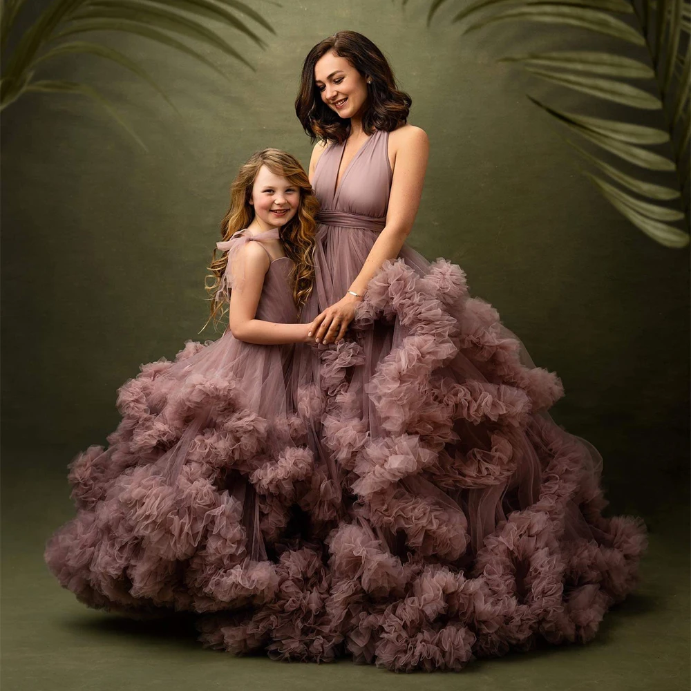 

Popular Bean Paste Color Tiered Ruffles Mother and Daughter Dresses for Party or Photoshoot Ball Gown Mommy and Me Tulle Dress