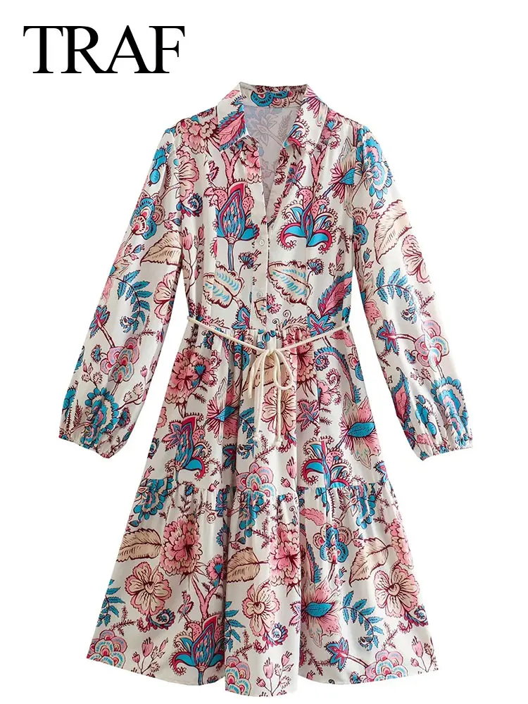 

TRAF Vintage Print Shirt Collar Two Button Pullover Women's Dress Fashion Country Trend Elegant Long Sleeve Ladies Dress