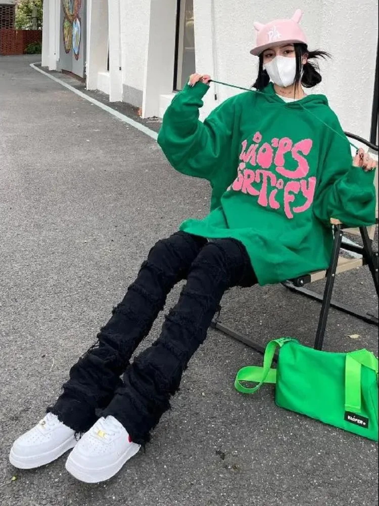 ADAgirl Black Ripped for Jeans Pants Women Y2k Tassel Flared High Street Denim Trousers Full Length Tassel Solid Color Casual