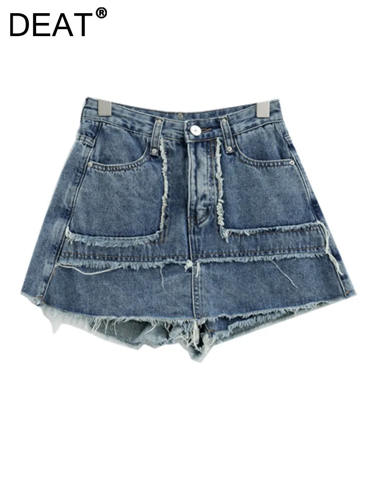 

DEAT Women's Denim Shorts High Waist Fake 2 Pcs Patchwork Burr Edge Washed Wrap Hip Mini Jeans 2023 Summer New Fashion 29L233