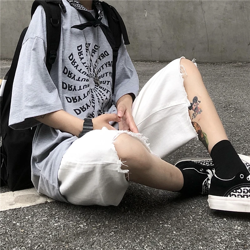 Tattered Raw Edge White Denim Shorts Men's Summer Outer Wear Trendy Five-point Pants Ins Ruffian Handsome Pants Clothes