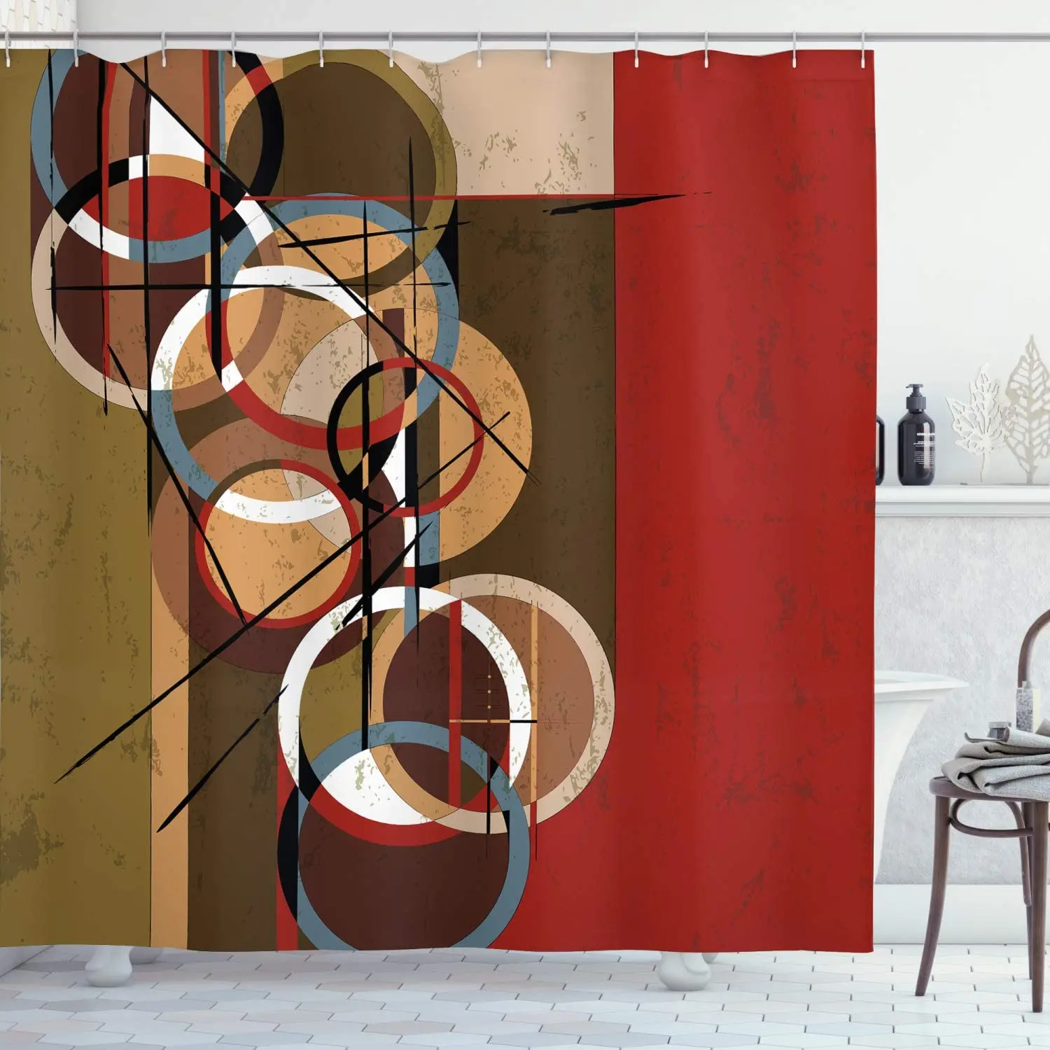 

Modern Art Shower Curtain, Retro Surreal Abstract Circular and Square Shaped Artwork Lines on Murky Base