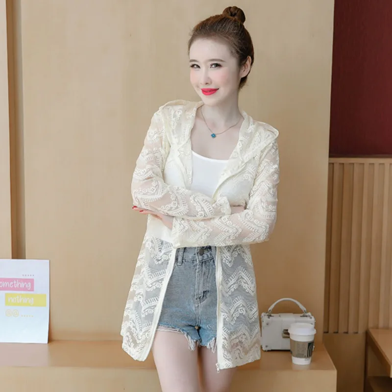 

#3541 Summer Coat Women Long Pink Beige Hooded Coat Zipper Transparent Coat Straight Outerwear Sunscreen Coat Female Sexy Thin