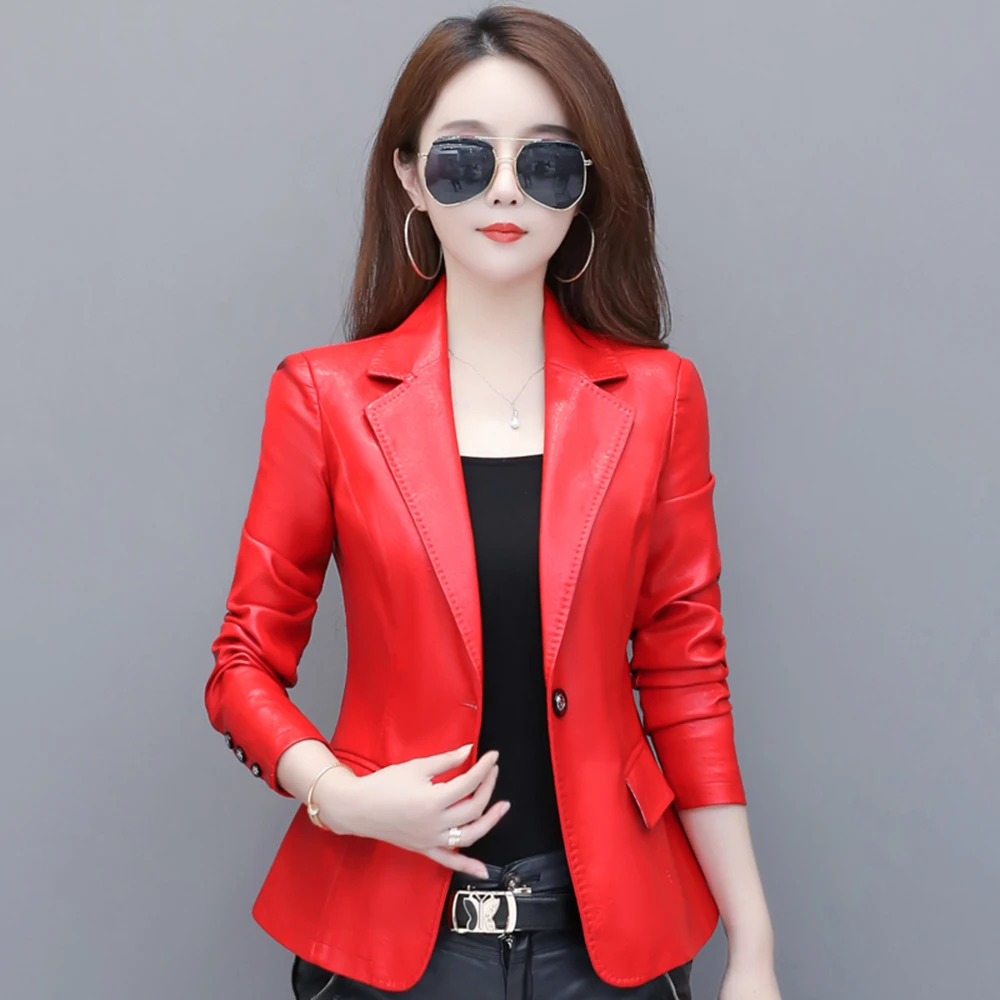 New Women Leather Blazer Spring Autumn Fashion Classic Suit Collar Slim Waist Small Sheepskin Jacket Split Leather Short Coat