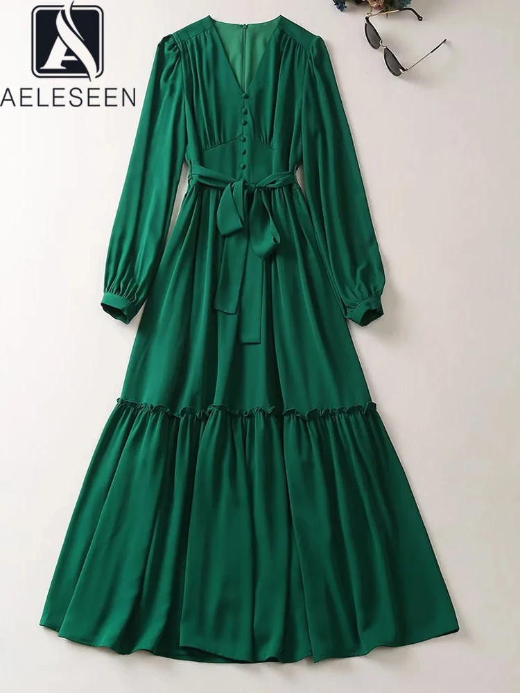 

AELESEEN Designer Fashion Women Green Dress Autumn Full Sleeve V-neck Single-breasted Belt Edible Tree Fungus Vintage Party