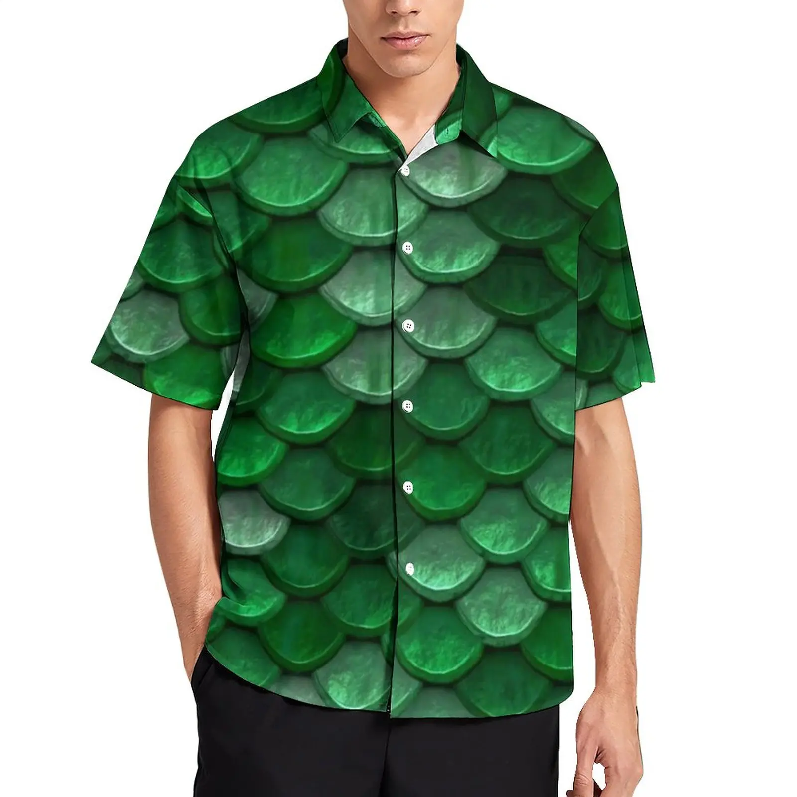 

Colorful Metallic Loose Shirt Men Vacation Green Scales Print Casual Shirts Hawaii Custom Short Sleeve Trendy Oversize Blouses
