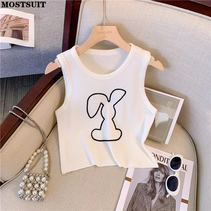 

Cartoon Embroidered Slim Knit Vests Women Sleeveless O-neck Basic Sexy Crop Tops Knitwear Fashion Korean Casual Female Jumpers