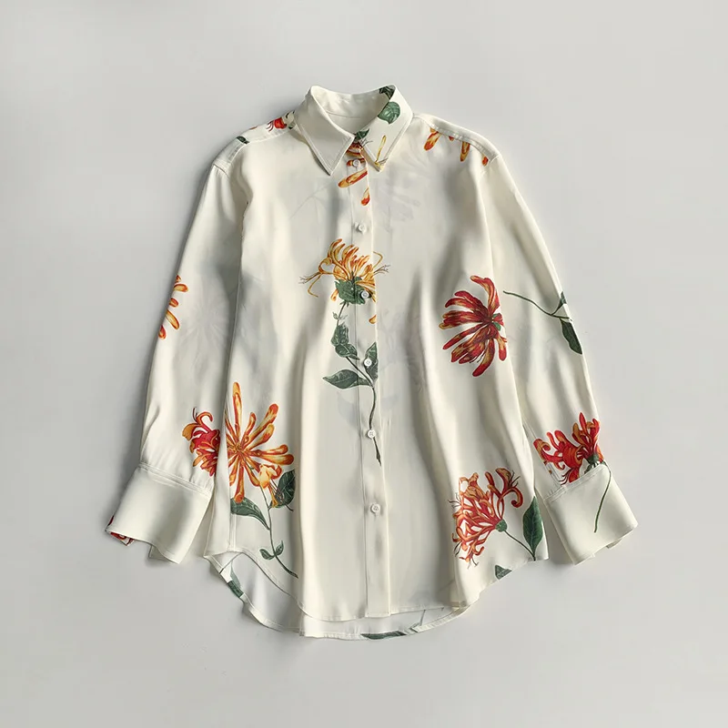 luksusowa koszula w kwiaty z wiciokrzewu dobrze wisząca spadające ramiona lepkiego włókna POLO kwiatowy nadruk luźny i wygodny top