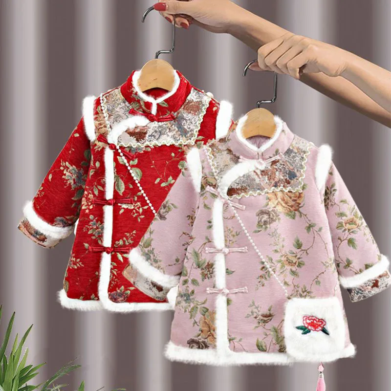 

Детское платье Ципао, зимнее платье для маленьких девочек, традиционная куртка с вышивкой ханьфу в китайском стиле династии Тан