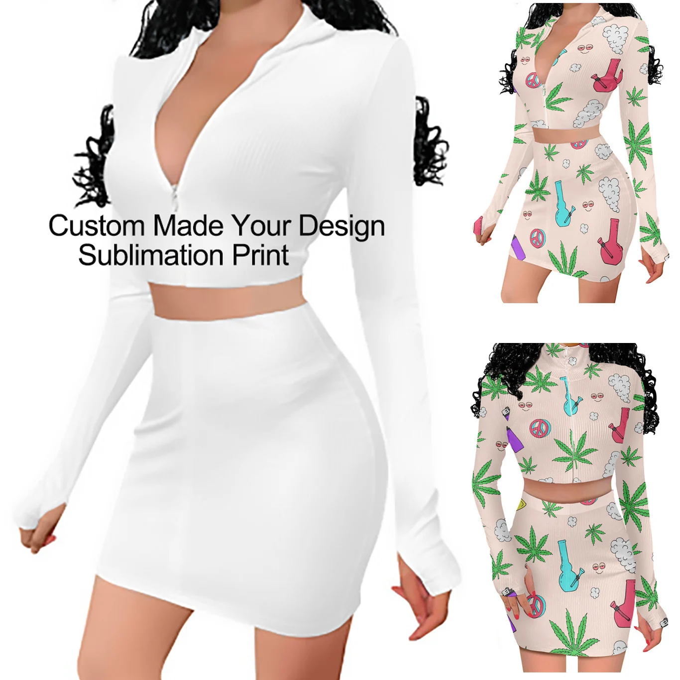 

Custom Made On Your Demand Subliminal Print Zipper Long Sleeve Top Mini Skirt Set Dropshipping