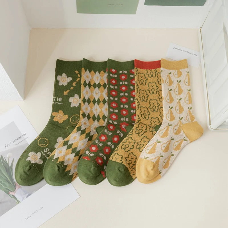 

Autumn Girls Kawaii Cute Harajuku Style Retro Thermal Stockings Women Cotton Knitted British Vintage Fashion Plaid Long Socks