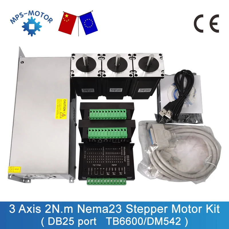 Шаговый двигатель Nema23 3 оси 2N.m 76 мм с драйвером TB6600 / DM542 + DB25 Mach3 плата контроллера