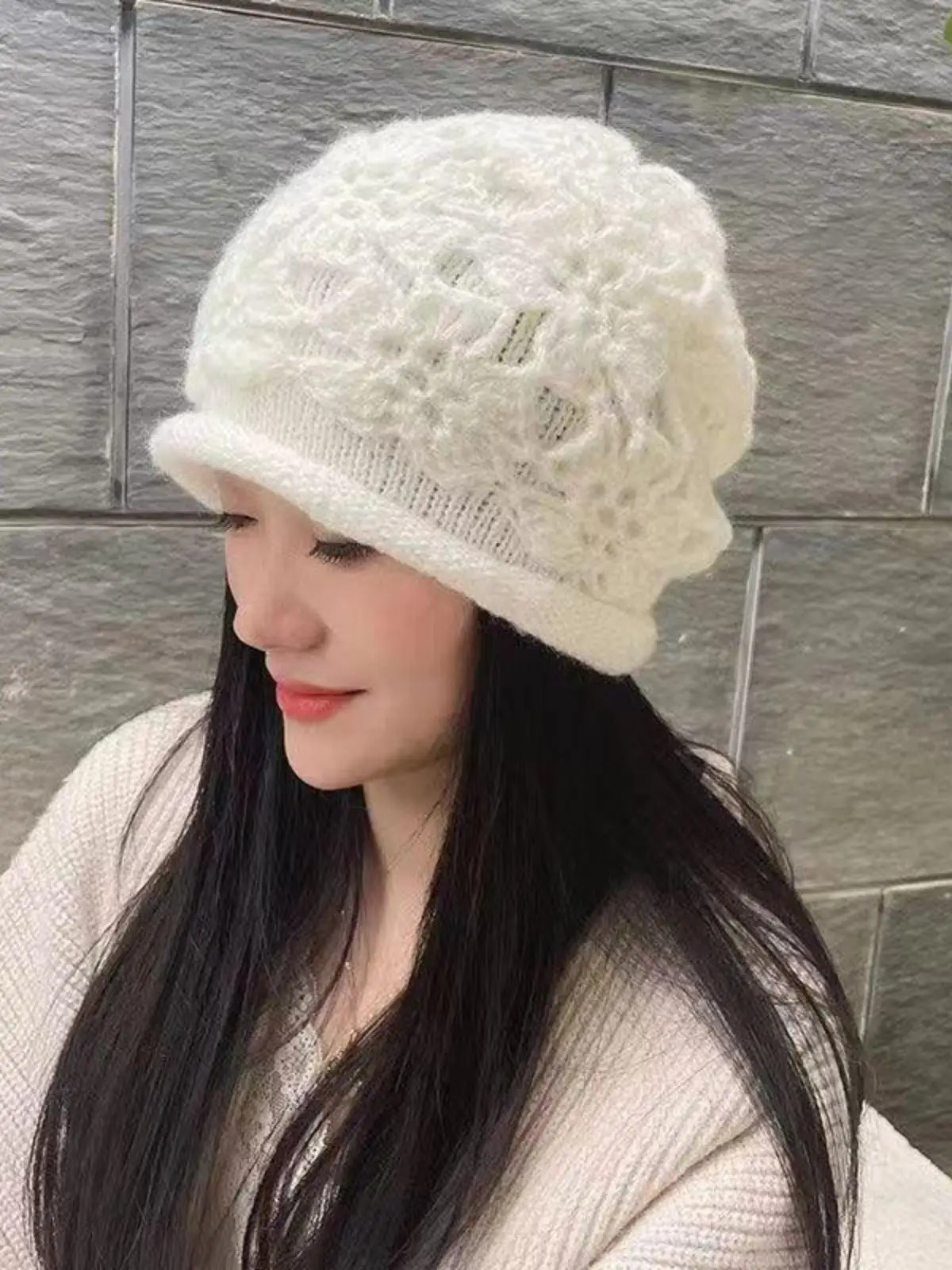 Hat Women Autumn and Winter Woolen Cap Handmade Crochet Sleeve Elegant Toque Knitted Warm Flower