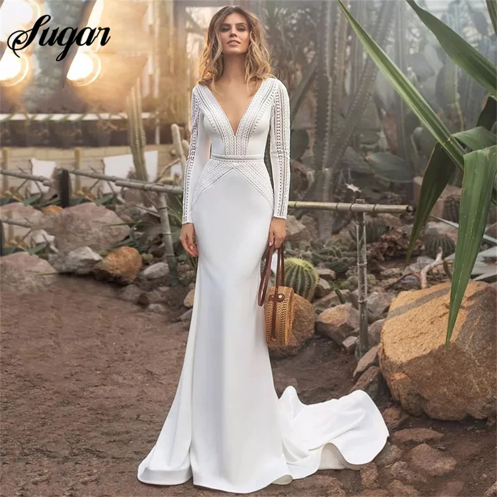 Купи Lace Long Sleeve Mermaid Wedding Dress For Women 2023 V-Neck Elegant Bridal Gown Floor Length Sweep Train Wedding Gown Backless за 4,620 рублей в магазине AliExpress