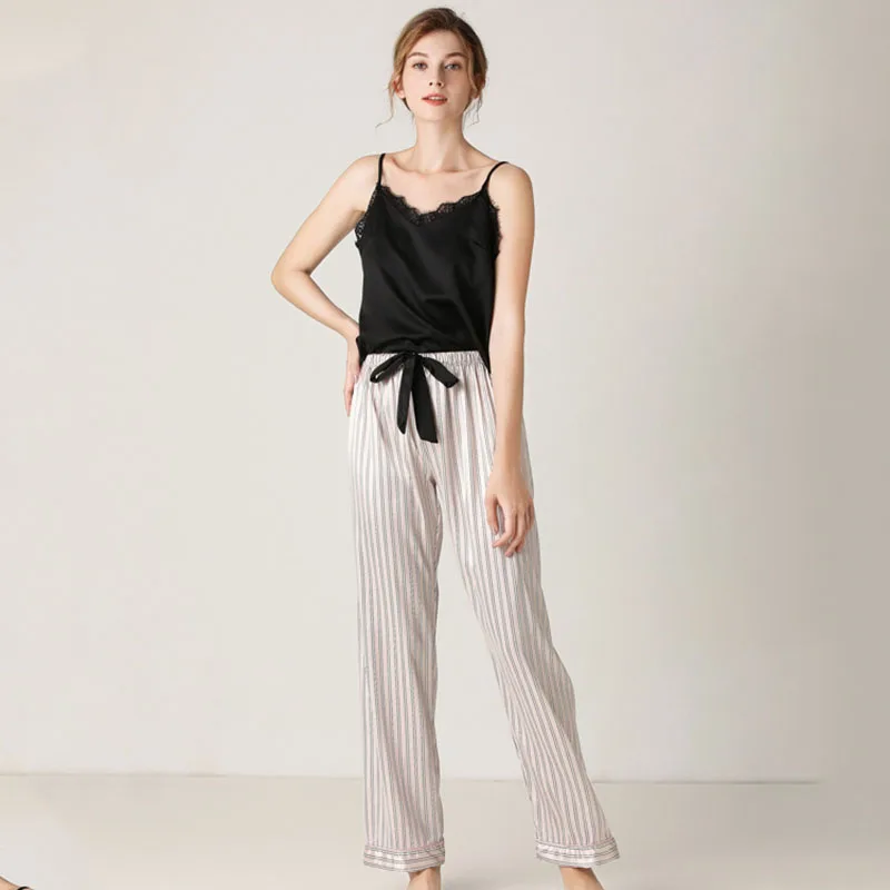 Women 2 Pieces Sleepwear Silk Sling Sleeveless Lace Black Top and Long Pants Pajamas Set
