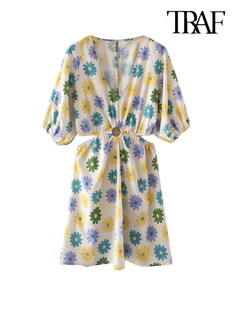 

TRAF Women Fashion Hollow Out Floral Print Mini Dress Vintage V Neck Short Puff Sleeves Female Dresses Vestidos Mujer