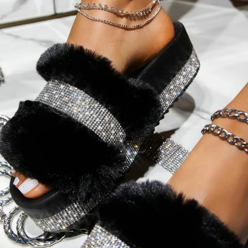 

Fashion Luxury Designer Women Fur Rhinestone Slippers Platform Wedges Heel Solid Fluffy Furry Slides Outside Sexy Shoes Ladies