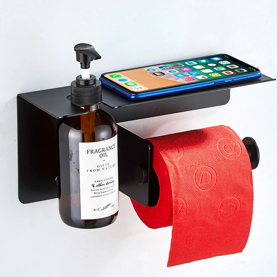 

Black Bathroom Shelf 304 Stainless Steel Creative Kitchen Bathroom Soap Dispenser Holder WC Paper Roll Holder with Storage Rack