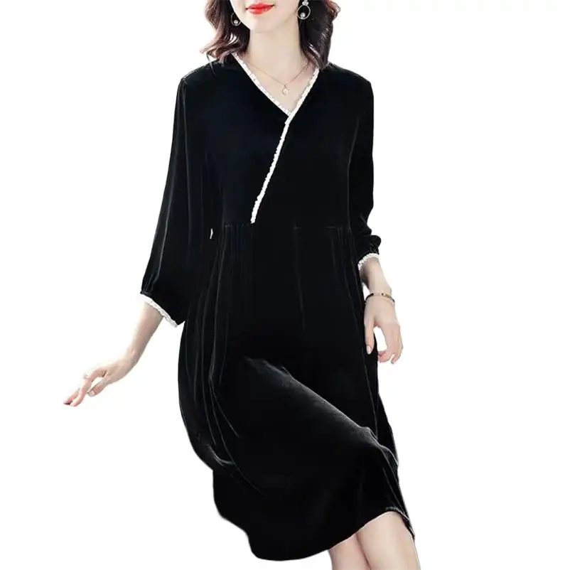 

Элегантное женское платье в стиле пэчворк с V-образным вырезом, весна-осень 2023, офисное женское свободное облегающее платье-трапеция, женские бархатные платья