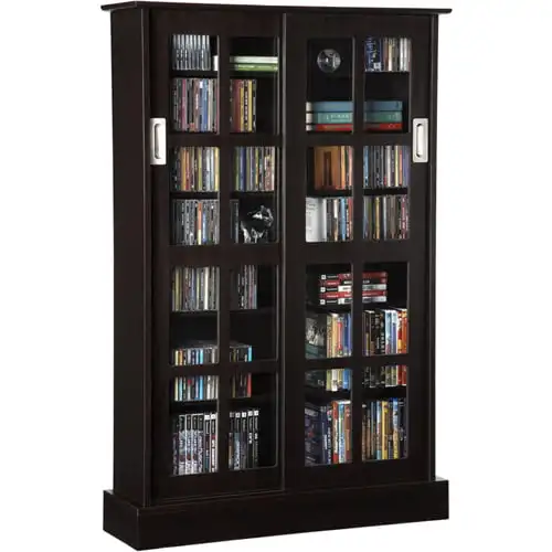 

49" Windowpane Media Storage Cabinet Bookshelf with Sliding Glass Doors (576 CDs, 192 DVDs, 215 BluRays), Espresso Book Shelf Fu