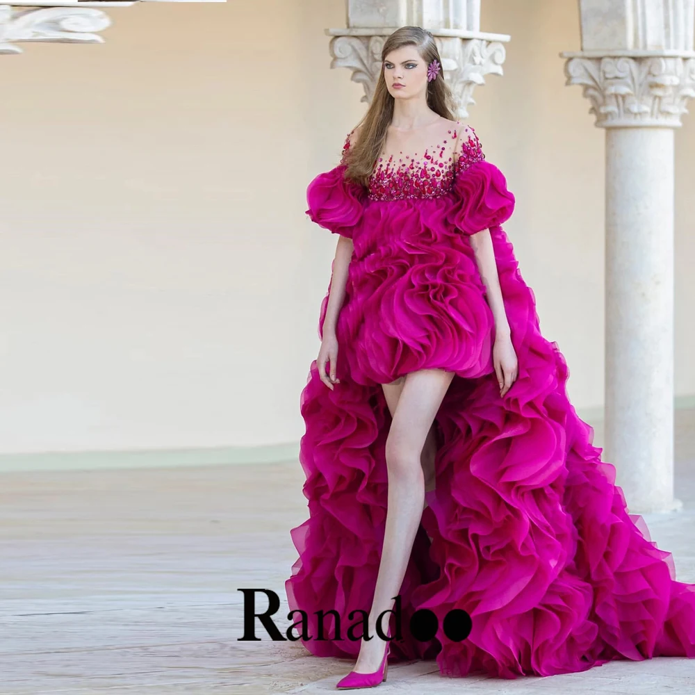 

Fluffy Appliques Evening Dresses Long Luxury Celebrity Rhinestone Ruffles High Low Ball Gown Cocktail Party Vestidos Customised