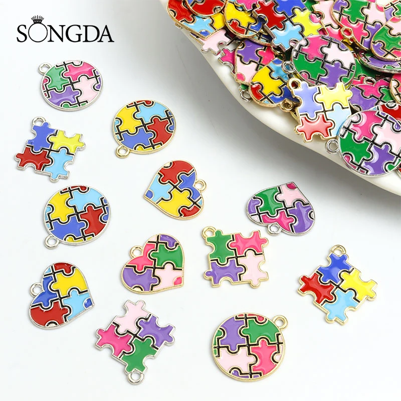 

10pcs Autism Awareness Puzzle Autistic Enamel Charms Colorful Heart-shaped Round Alloy Pendants for DIY Jewelry Makings Handmade