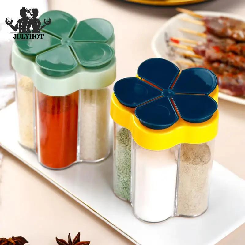 

5 In 1 Camping Seasoning Jar With Lids Transparent Spice Dispenser 5 Compartment For Outdoor Cooking BBQ Salt And Pepper Shaker