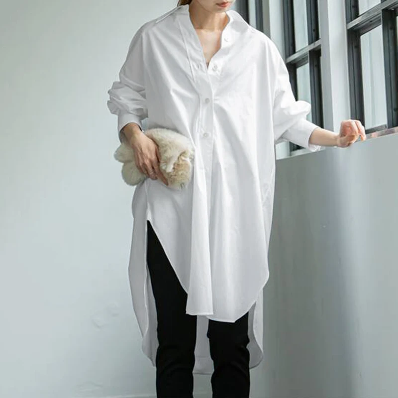 

ZANZEA Women Elegant Shirt Spring Long Sleeve Asymmetrical Blouse Casual Lapel Neck Solid Split Long Tops Loose Work Blusas