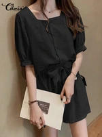 celmia casual loose women two piece sets korean summer fashion short sets puff short sleeve square collar tops and shorts suits