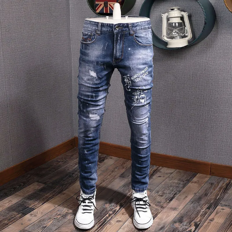 Streetwear Fashion Men Jeans Retro Blue Stretch Slim Fit Printed Designer Ripped Jeans Men Vintage Patched Hip Hop Pants Hombre