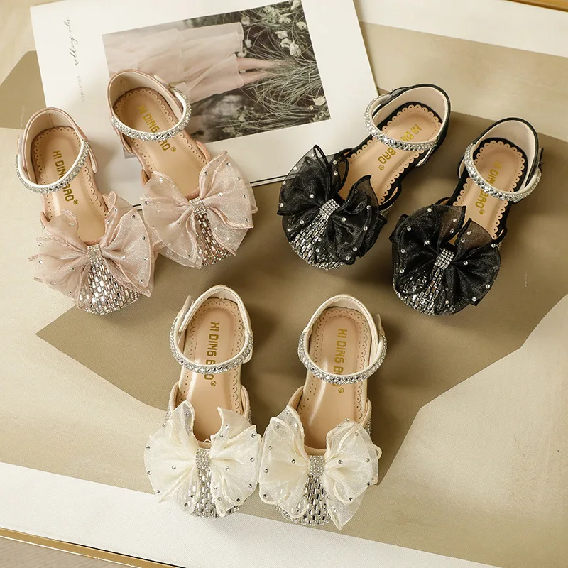 JY Hight Quality Children Girls  PU Princess Shoes Flat Casual Bowknot  sandals 23-35 Pink Beige 168-42 XDB