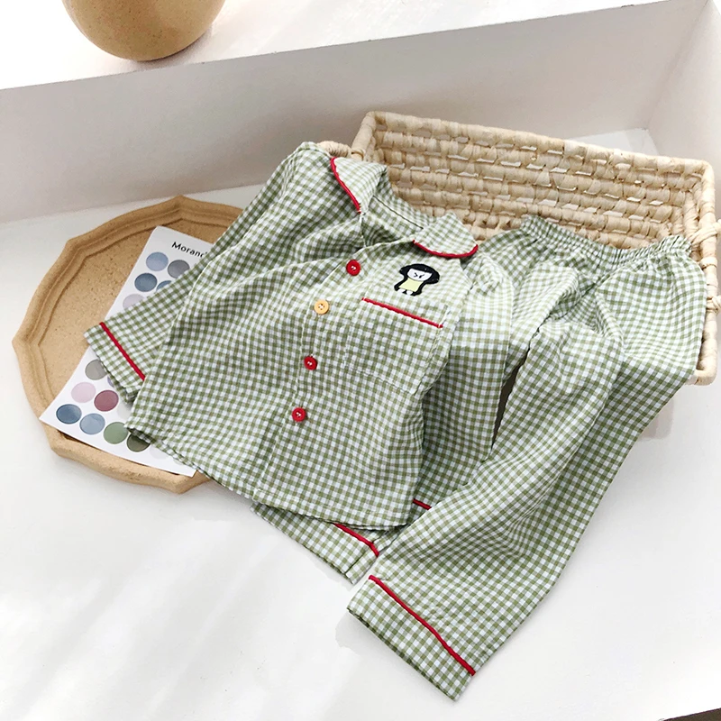 Girls Home Clothes Set Spring Autumn Boys Embroidered Top With Plaid Trousers 2 Piece 3-7Y Unsex Comfortable Pajama Clothes