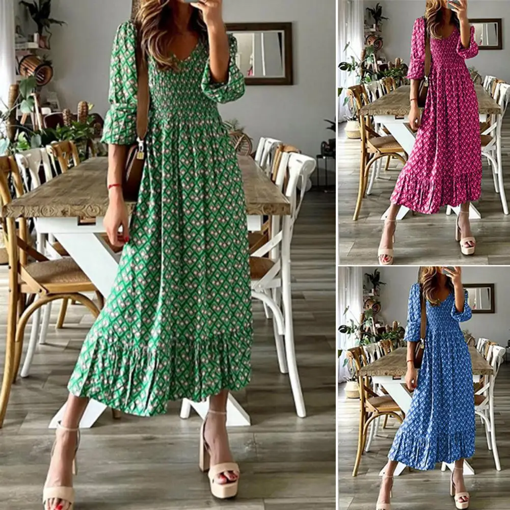 

Trendy Ruffle Stitching Hem High-Waist 3/4 Lantern Sleeve Retro Midi Dress Female Clothing Elegant Dress Vintage Dress