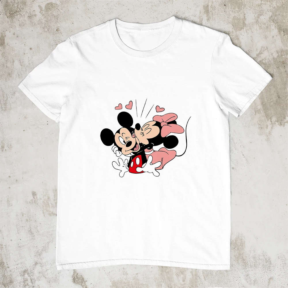 

Disney Minnie Kiss Mickey Print Women Clothes Kawaii Harajuku Summer Home Casual T-shirts Oversize White Basic Tops Tee Shirt