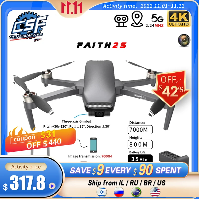 

C-FLY Faith 2S GPS Drone 4K Professional HD Camera 3 Axis Gimbal 5G Wifi FPV Drone Foldable RC Quadcopter Toy VS DJI Mini 2