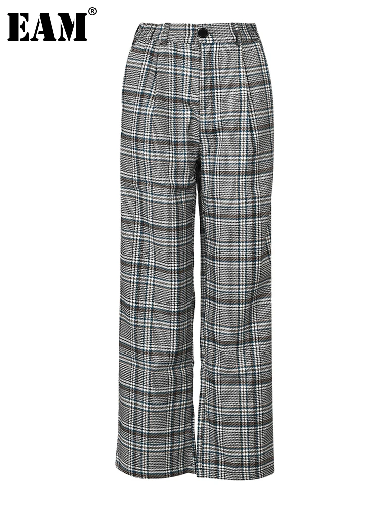 

[EAM] High Waist Blue Plaid Long Vintage Wide Leg Pants New Loose Fit Trousers Women Fashion Tide Spring Autumn 2023 1DF7793