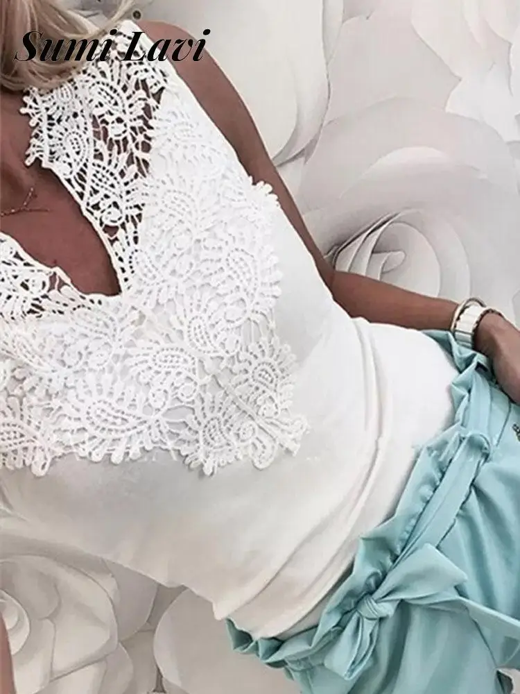 

Women Sexy V Neck Lace Vest Tops Summer Elegant Sleeveless Solid Tops Ladies Casual Patchwork Pullover Female Streetwear Blouses