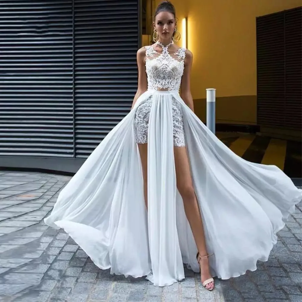

Bohemian Double High Slit Chiffon Wedding Dress Lace Applique Sleeveless Backless Bridal Gown Sexy Halter Neck Vestidos De Novia