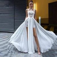 bohemian double high slit chiffon wedding dress lace applique sleeveless backless bridal gown sexy halter neck vestidos de novia