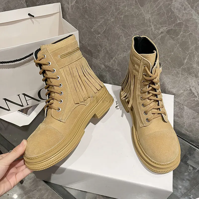 2023 Faux Suede Boots Platform Chunky Ankle Boots Women Autumn Winter Thick Heels Botas Woman Lace Up Casual Motorcycle Shoes
