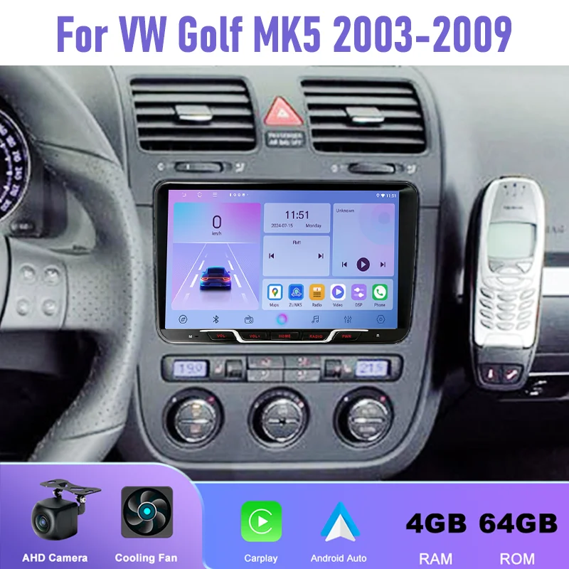 Фото 9-дюймовая автомагнитола 4+64 ГБ для VW Golf MK5 2003-2009, Android 15, поддержка беспроводного Apple CarPlay, 2DIN, GPS, Google Maps, Canbus, стереосистема №1