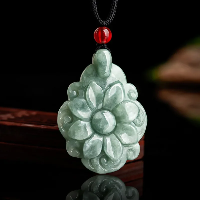 

Natural Jade Flower Pendant With Beautiful Rope Chain Necklace For Man and Women Fengshui Amulet Talisman symbolize long life