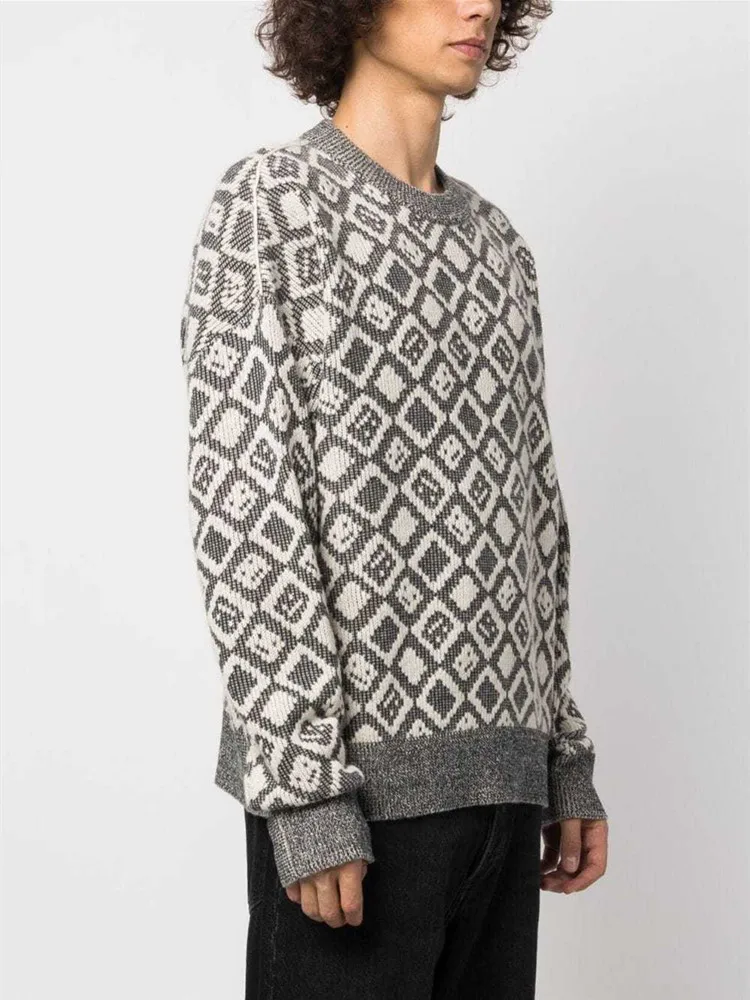 

Трикотажный свитер унисекс из смески шерсти, Свободный Повседневный жаккардовый пуловер с круглым вырезом и длинным рукавом с геометрическим рисунком
