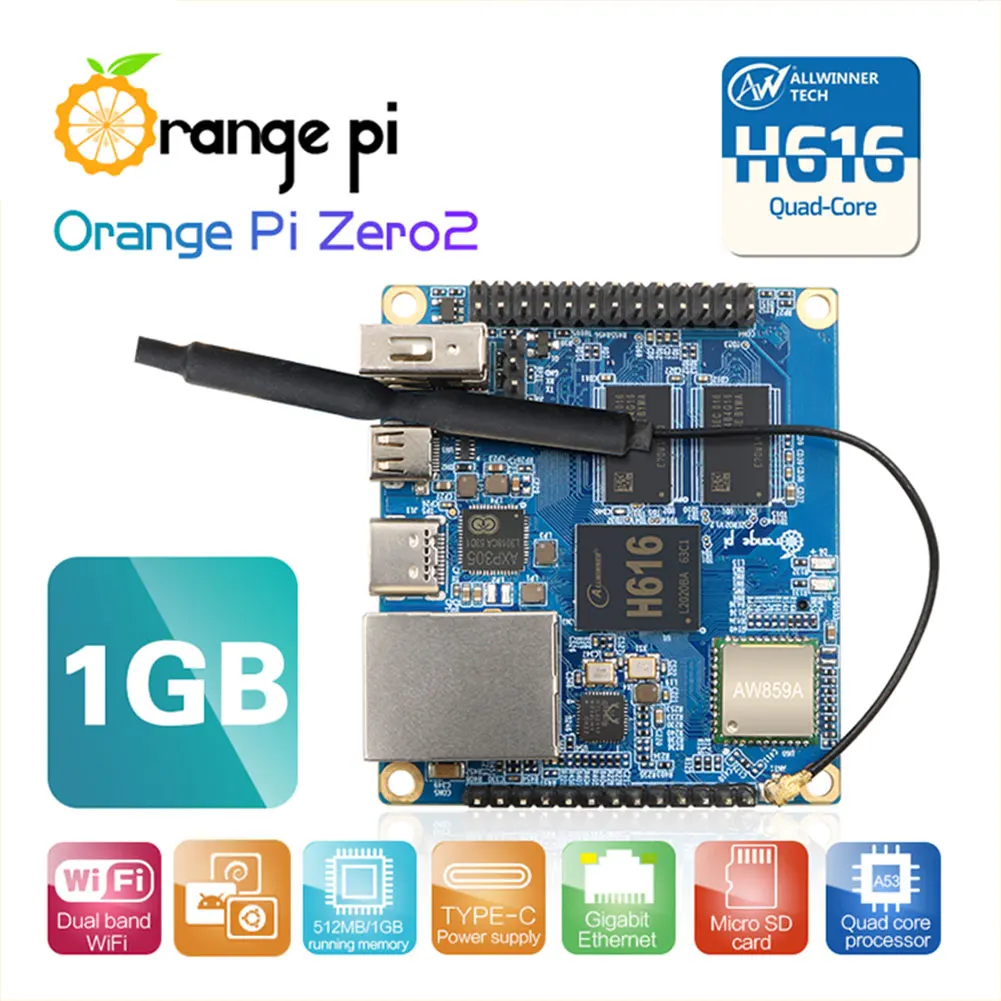 

Orange Pi Zero 2 1 ГБ ОЗУ с чипом Allwinner H616, поддержка BT, Wi-Fi, Запуск Android 10,Ubuntu,Debian OS, одна плата