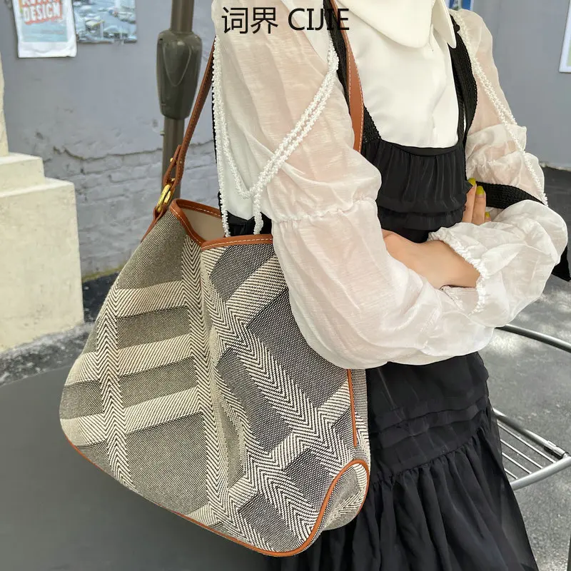 

CIJIE New Large Capacity Women's Shoulder Bag Cowhide Canvas Check Pattern Bucket Bag Crossbody Computer Bag