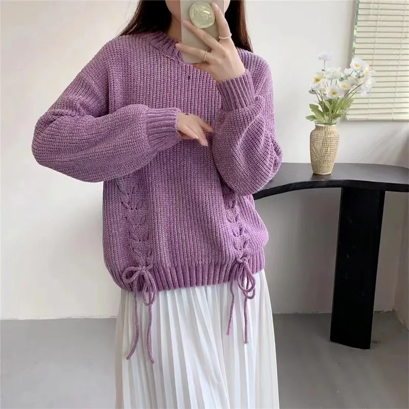 

Новинка Осень-зима винтажный Стиль Ленивый трикотажный свитер со шнуровкой женский топ