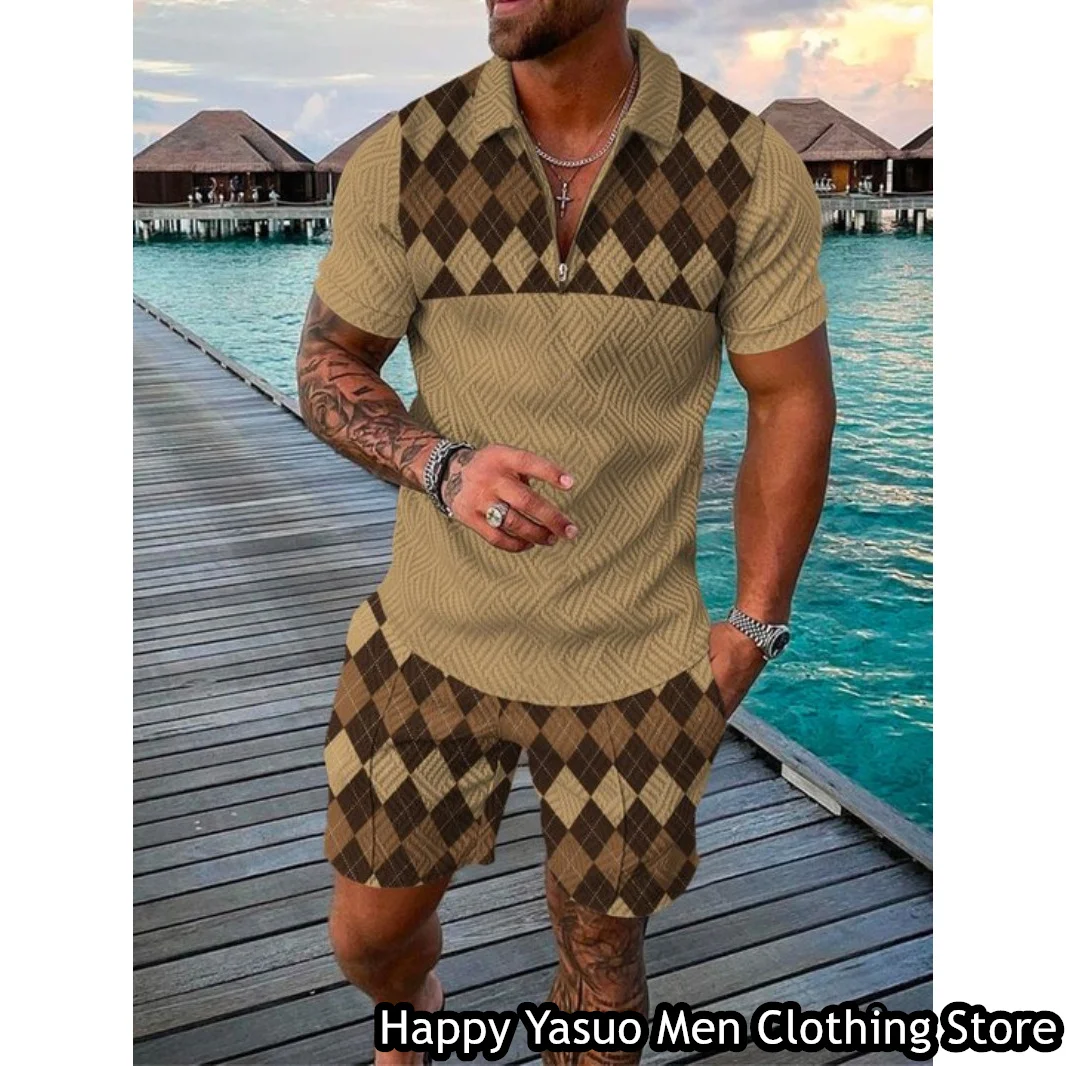 New Summer Men Vintage Polo Shirt Set 2 Pieces Turn Down Collar Tracksuit Fashion Outfit Male Casual Suit Retro Style Clothing