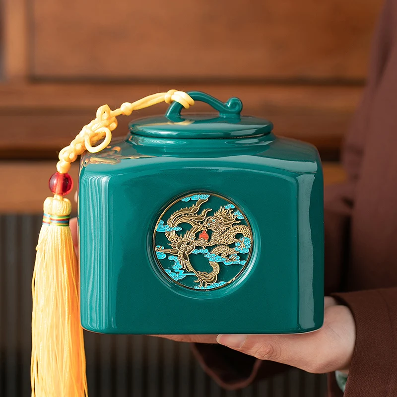 

Creative Square Dark Green Ceramic Storage Jar Porcelain Sealed Tea Jar Coffee Candy Food Tank Storage Container Home Decoration
